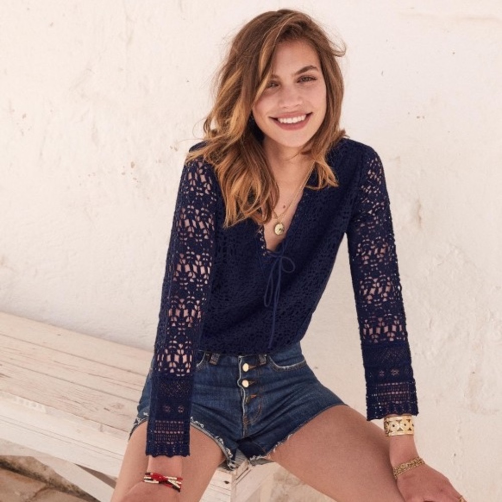 Sézane Albane Long Sleeve Crochet Lace Up Top